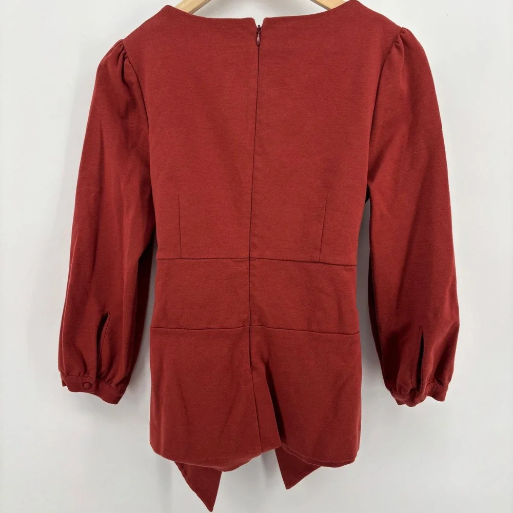 Boden Tie Waist Jersey Blouse Women 8 Red Puff Sleeve Boat Neck Top Classy Retro